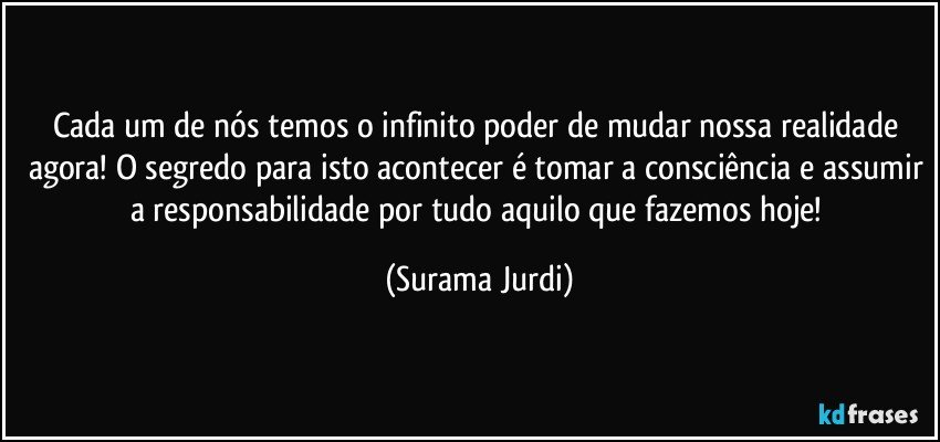 Cada um de nós temos o infinito poder de mudar nossa realidade agora! O segredo para isto acontecer é tomar a consciência e assumir a responsabilidade por tudo aquilo que fazemos hoje! (Surama Jurdi)