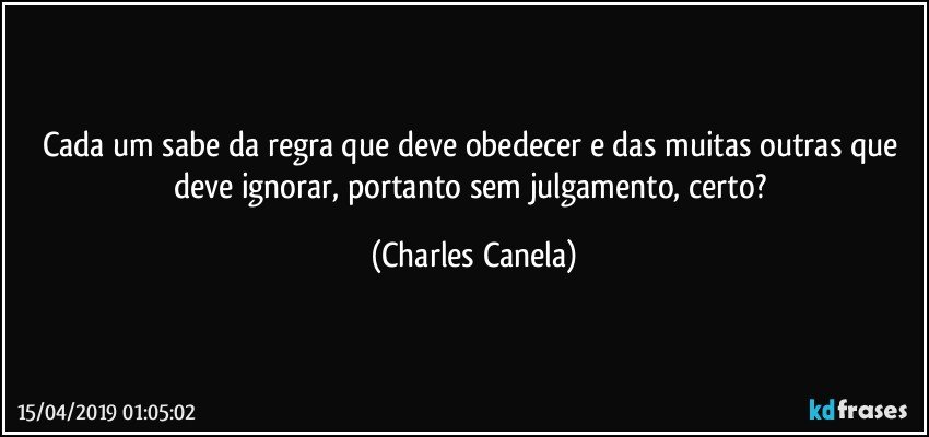 Cada um sabe da regra que deve obedecer e das muitas outras que deve ignorar, portanto sem julgamento, certo? (Charles Canela)