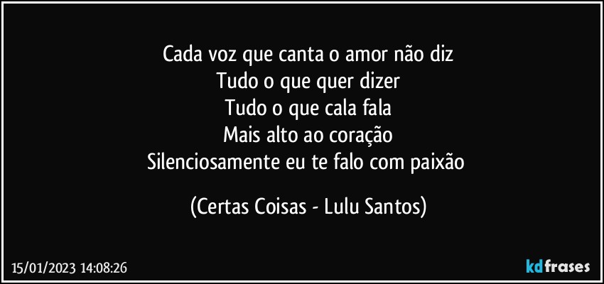 Cada voz que canta o amor não diz
Tudo o que quer dizer
Tudo o que cala fala
Mais alto ao coração
Silenciosamente eu te falo com paixão (Certas Coisas - Lulu Santos)