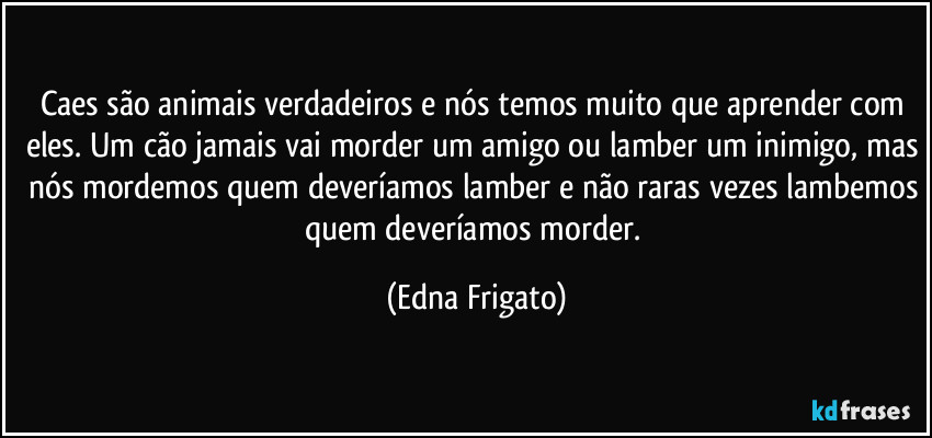 Caes são animais verdadeiros e nós temos muito que aprender com eles. Um cão jamais vai morder um amigo ou lamber um inimigo, mas nós mordemos quem deveríamos lamber e não raras vezes lambemos quem deveríamos morder. (Edna Frigato)