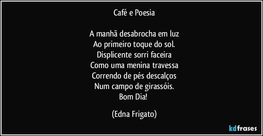 Café e Poesia

A manhã desabrocha em luz
Ao primeiro toque do sol.
Displicente sorri faceira
Como uma menina travessa
Correndo de pés descalços
Num campo de girassóis.
Bom Dia! (Edna Frigato)