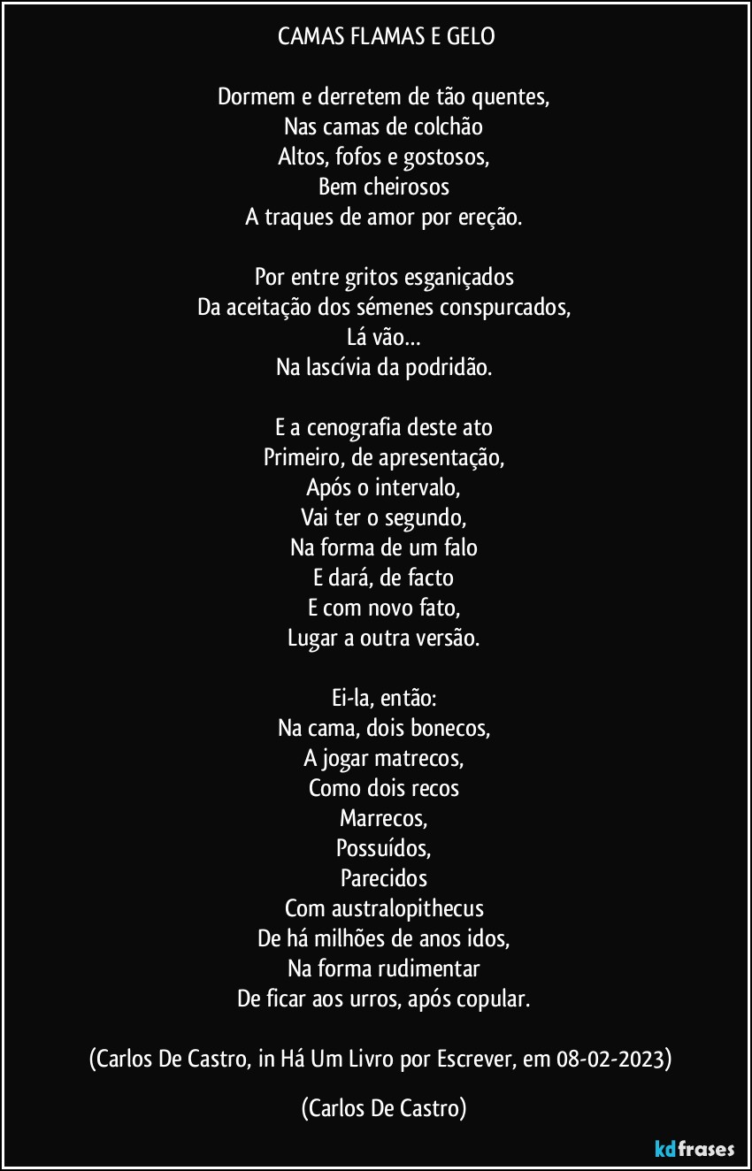 ⁠CAMAS FLAMAS E GELO

Dormem e derretem de tão quentes,
Nas camas de colchão
Altos, fofos e gostosos,
Bem cheirosos
A traques de amor  por ereção.

Por entre gritos esganiçados
Da aceitação dos sémenes conspurcados,
Lá vão…
Na lascívia da podridão.

E a cenografia deste ato
Primeiro, de apresentação,
Após o intervalo,
Vai ter o segundo,
Na forma de um falo
E dará, de facto
E com novo fato,
Lugar a outra versão.

Ei-la, então:
Na cama, dois bonecos,
A jogar matrecos,
Como dois recos
Marrecos,
Possuídos,
Parecidos
Com australopithecus
De há milhões de anos idos,
Na forma rudimentar
De ficar aos urros, após copular.

(Carlos De Castro, in Há Um Livro por Escrever, em 08-02-2023) (Carlos De Castro)