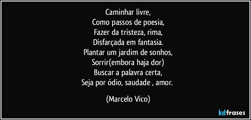 Caminhar livre,
Como passos de poesia,
Fazer da tristeza, rima,
Disfarçada em fantasia.
Plantar um jardim de sonhos,
Sorrir(embora haja dor)
Buscar a palavra certa,
Seja por ódio, saudade , amor. (Marcelo Vico)