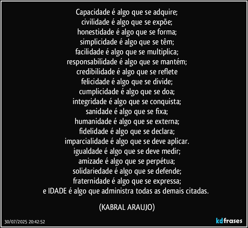 Capacidade é algo que se adquire;
civilidade é algo que se expõe;
honestidade é algo que se forma;
simplicidade é algo que se têm;
facilidade é algo que se multiplica;
responsabilidade é algo que se mantém;
credibilidade é algo que se reflete
felicidade é algo que se divide;
cumplicidade é algo que se doa;
integridade é algo que se conquista;
sanidade é algo que se fixa;
humanidade é algo que se externa;
fidelidade é algo que se declara;
imparcialidade é algo que se deve aplicar.
igualdade é algo que se deve medir;
amizade é algo que se perpétua;
solidariedade é algo que se defende;
fraternidade é algo que se expressa;
e IDADE é algo que administra todas as demais citadas. (KABRAL ARAUJO)