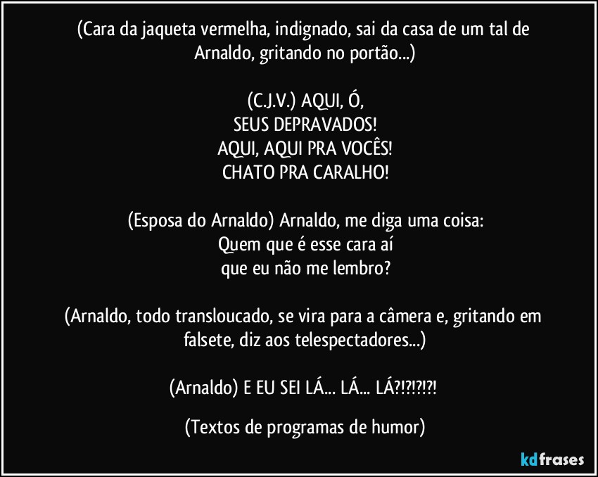 (Cara da jaqueta vermelha, indignado, sai da casa de um tal de Arnaldo, gritando no portão...)

(C.J.V.) AQUI, Ó,
SEUS DEPRAVADOS!
AQUI, AQUI PRA VOCÊS!
CHATO PRA CARALHO!

(Esposa do Arnaldo) Arnaldo, me diga uma coisa:
Quem que é esse cara aí
que eu não me lembro?

(Arnaldo, todo transloucado, se vira para a câmera e, gritando em falsete, diz aos telespectadores...)

(Arnaldo) E EU SEI LÁ... LÁ... LÁ?!?!?!?! (Textos de programas de humor)