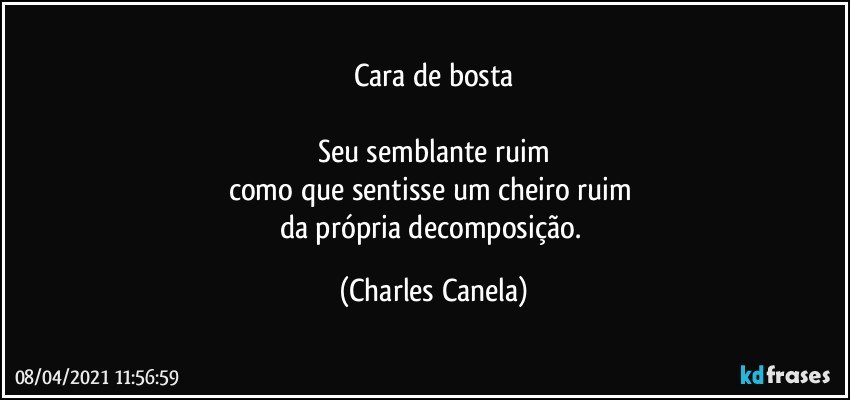 Cara de bosta

Seu semblante ruim
como que sentisse um cheiro ruim 
da própria decomposição. (Charles Canela)