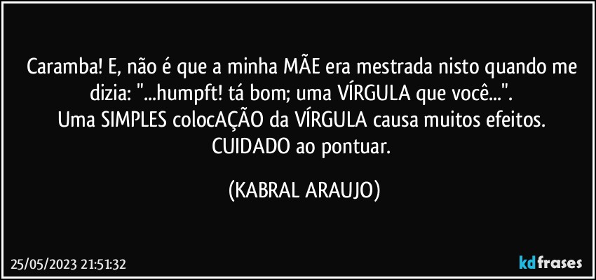 Caramba! E, não é que a minha MÃE era mestrada nisto quando me dizia: "...humpft! tá bom; uma VÍRGULA que você...". 
Uma SIMPLES colocAÇÃO da VÍRGULA causa muitos efeitos. CUIDADO ao pontuar. (KABRAL ARAUJO)