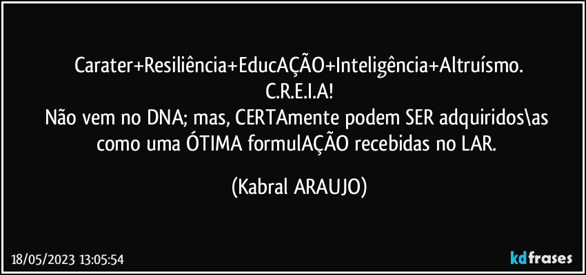 Carater+Resiliência+EducAÇÃO+Inteligência+Altruísmo.
C.R.E.I.A!
Não vem no DNA; mas, CERTAmente podem SER adquiridos\as 
como uma ÓTIMA formulAÇÃO recebidas no LAR. (KABRAL ARAUJO)