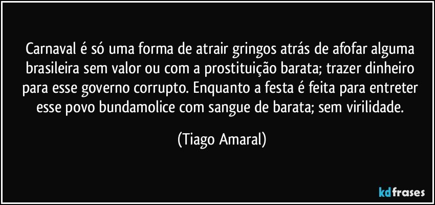 Carnaval é só uma forma de atrair gringos atrás de afofar alguma brasileira sem valor ou com a prostituição barata; trazer dinheiro para esse governo corrupto. Enquanto a festa é feita para entreter esse povo bundamolice com sangue de barata; sem virilidade. (Tiago Amaral)