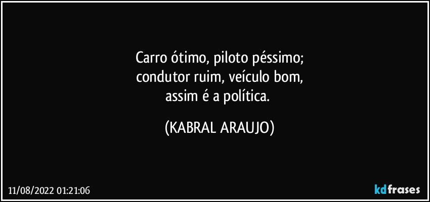 Carro ótimo, piloto péssimo;
condutor ruim, veículo bom,
assim é a política. (KABRAL ARAUJO)