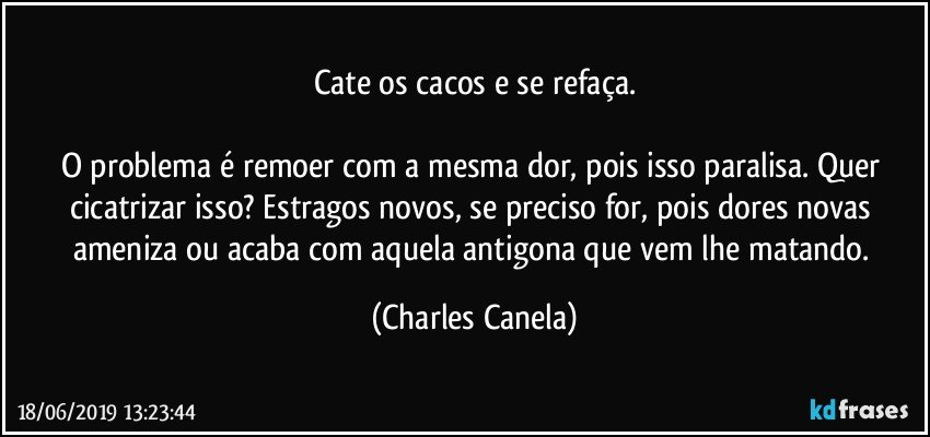 Cate os cacos e se refaça.

O problema é remoer com a mesma dor, pois isso paralisa. Quer cicatrizar isso? Estragos novos, se preciso for, pois dores novas ameniza ou acaba com aquela antigona que vem lhe matando. (Charles Canela)