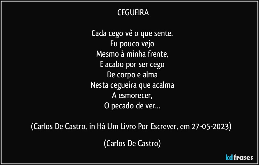 ⁠CEGUEIRA

Cada cego vê o que sente.
Eu pouco vejo
Mesmo à minha frente,
E acabo por ser cego
De corpo e alma
Nesta cegueira que acalma
A esmorecer,
O pecado de ver...

(Carlos De Castro, in Há Um Livro Por Escrever, em 27-05-2023) (Carlos De Castro)