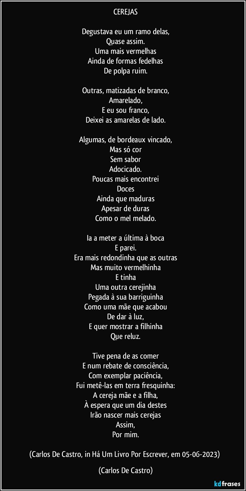 CEREJAS

Degustava eu um ramo delas,
Quase assim.
Uma mais vermelhas
Ainda de formas fedelhas
De polpa ruim.

Outras, matizadas de branco,
Amarelado,
E eu sou franco,
Deixei as amarelas de lado.

Algumas, de bordeaux vincado,
Mas só cor
Sem sabor
Adocicado.
Poucas mais encontrei
Doces
Ainda que maduras
Apesar de duras
Como o mel melado.

Ia a meter a última à boca
E parei.
Era mais redondinha que as outras
Mas muito vermelhinha
E tinha
Uma outra cerejinha
Pegada à sua barriguinha
Como uma mãe que acabou
De dar à luz,
E quer mostrar a filhinha
Que reluz.

Tive pena de as comer
E num rebate de consciência,
Com exemplar paciência,
Fui metê-las em terra fresquinha:
A cereja mãe e a filha,
À espera que um dia destes
Irão nascer mais cerejas
Assim,
Por mim.

(Carlos De Castro, in Há Um Livro Por Escrever, em 05-06-2023) (Carlos De Castro)