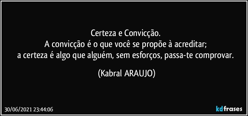 Certeza e Convicção. 
A convicção é o que você se propõe à acreditar; 
a certeza é algo que alguém, sem esforços, passa-te comprovar. (KABRAL ARAUJO)