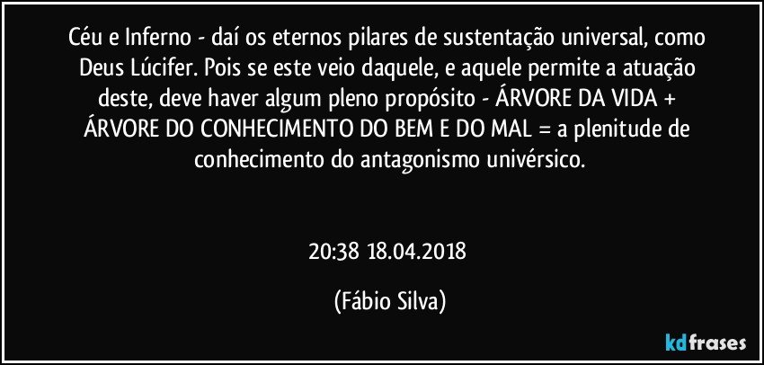 Céu e Inferno - daí os eternos pilares de sustentação universal, como  Deus/Lúcifer. Pois se este veio daquele, e aquele permite a atuação deste, deve haver algum pleno propósito - ÁRVORE DA VIDA + ÁRVORE DO CONHECIMENTO DO BEM E DO MAL = a plenitude de conhecimento do antagonismo univérsico.


20:38  18.04.2018 (Fábio Silva)