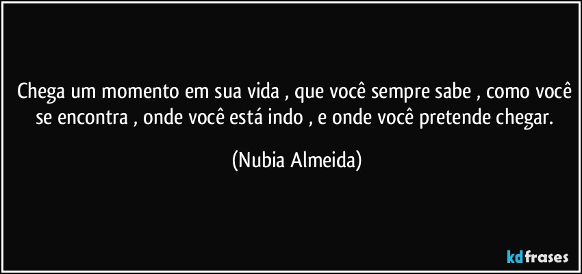 Chega um momento em sua vida , que você sempre sabe , como você se encontra , onde você está indo , e onde você pretende chegar. (Nubia Almeida)