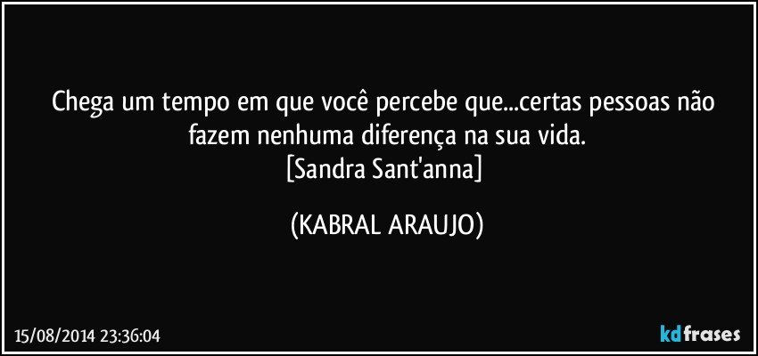 Chega um tempo em que você percebe que...certas pessoas não fazem nenhuma diferença na sua vida.
[Sandra Sant'anna] (KABRAL ARAUJO)