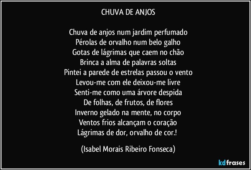 CHUVA DE ANJOS

Chuva de anjos num jardim perfumado
Pérolas de orvalho num belo galho
Gotas de lágrimas que caem no chão
Brinca a alma de palavras soltas
Pintei a parede de estrelas passou o vento
Levou-me com ele deixou-me livre
Senti-me como uma árvore despida
De folhas, de frutos, de flores
Inverno gelado na mente, no corpo
Ventos frios alcançam o coração
Lágrimas de dor, orvalho de cor.! (Isabel Morais Ribeiro Fonseca)