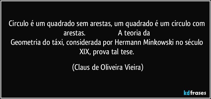 Circulo é um quadrado sem arestas, um quadrado é um circulo com arestas.                                                                   A teoria da Geometria do táxi, considerada por Hermann Minkowski no século XIX, prova tal tese. (Claus de Oliveira Vieira)