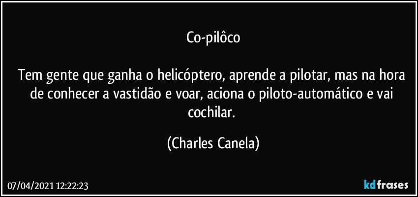 Co-pilôco
 
Tem gente que ganha o helicóptero, aprende a pilotar, mas na hora de conhecer a vastidão e voar, aciona o piloto-automático e vai cochilar. (Charles Canela)