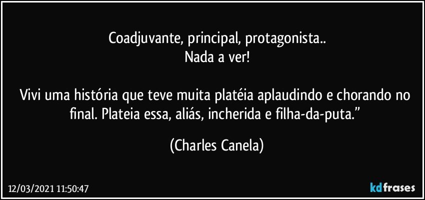 Coadjuvante, principal, protagonista..
Nada a ver!

Vivi uma história que teve muita platéia aplaudindo e chorando no final. Plateia essa, aliás, incherida e filha-da-puta.” (Charles Canela)