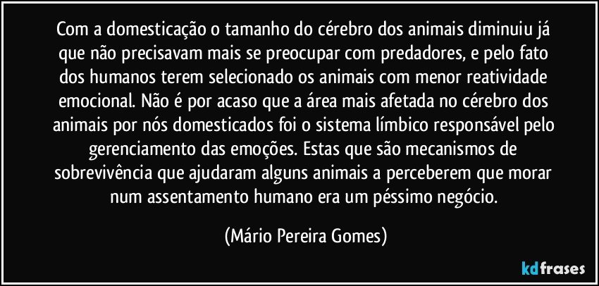 Com a domesticação o tamanho do cérebro dos animais diminuiu já que não precisavam mais se preocupar com predadores, e pelo fato dos humanos terem selecionado os animais com menor reatividade emocional. Não é por acaso que a área mais afetada no cérebro dos animais por nós domesticados foi o sistema límbico responsável pelo gerenciamento das emoções. Estas que são mecanismos de sobrevivência que ajudaram alguns animais a perceberem que morar num assentamento humano era um péssimo negócio. (Mário Pereira Gomes)