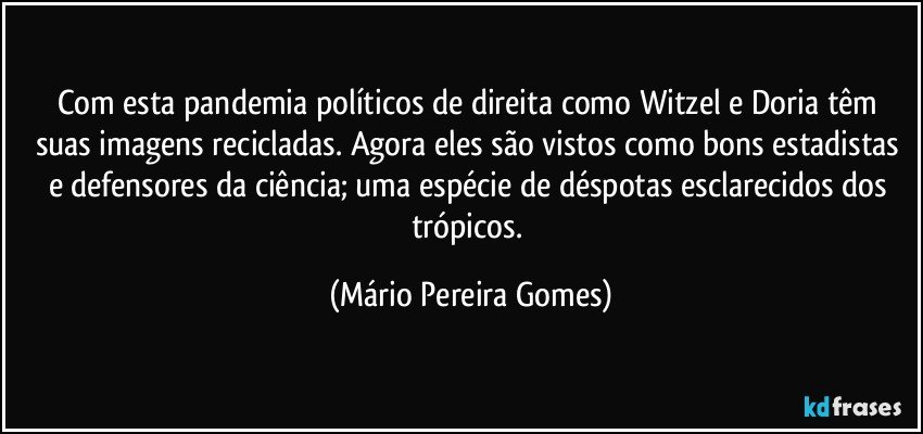 Com esta pandemia políticos de direita como Witzel e Doria têm suas imagens recicladas. Agora eles são vistos como bons estadistas e defensores da ciência; uma espécie de déspotas esclarecidos dos trópicos. (Mário Pereira Gomes)