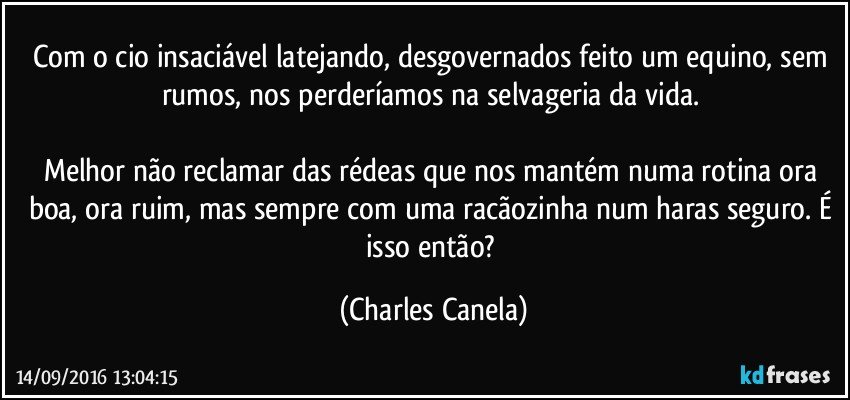 Com o cio insaciável latejando, desgovernados feito um equino, sem rumos, nos perderíamos na selvageria da vida. 

Melhor não reclamar das rédeas que nos mantém numa rotina ora boa, ora ruim, mas sempre com uma racãozinha num haras seguro. É isso então? (Charles Canela)