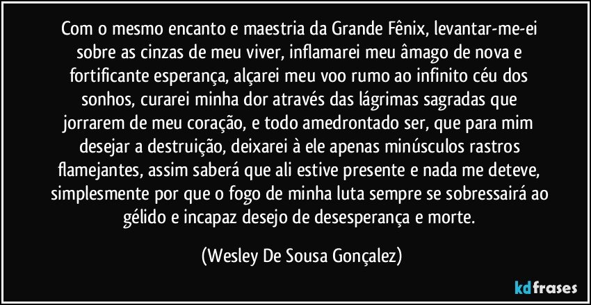 Com o mesmo encanto e maestria da Grande Fênix, levantar-me-ei sobre as cinzas de meu viver, inflamarei meu âmago de nova e fortificante esperança, alçarei meu voo rumo ao infinito céu dos sonhos, curarei minha dor através das lágrimas sagradas que jorrarem de meu coração, e todo amedrontado ser, que para mim desejar a destruição, deixarei à ele apenas minúsculos rastros flamejantes, assim saberá que ali estive presente e nada me deteve, simplesmente por que o fogo de minha luta sempre se sobressairá ao gélido e incapaz desejo de desesperança e morte. (Wesley De Sousa Gonçalez)