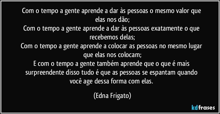 Com o tempo a gente aprende a dar às pessoas o mesmo valor que elas nos dão;
Com o tempo a gente aprende a dar às pessoas exatamente o que recebemos delas;
Com o tempo a gente aprende a colocar as pessoas no mesmo lugar que elas nos colocam;
E com o tempo a gente também aprende que o que é mais surpreendente disso tudo é que as pessoas se espantam quando você age dessa forma com elas. (Edna Frigato)