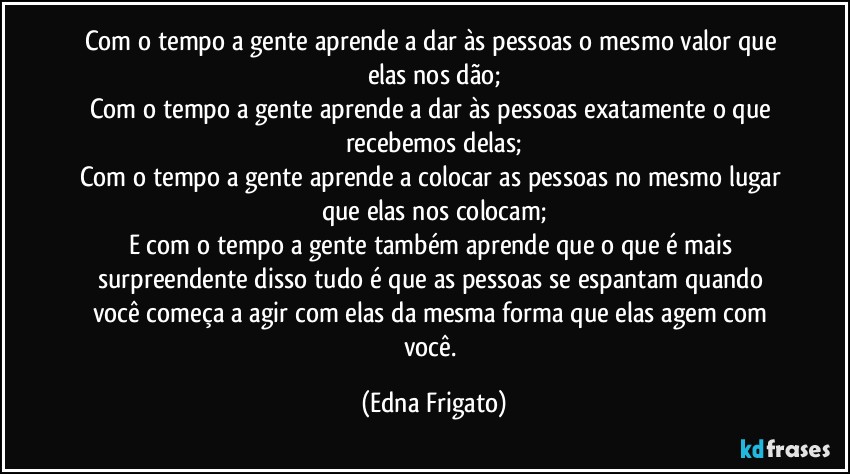 Com o tempo a gente aprende a dar às pessoas o mesmo valor que elas nos dão;
Com o tempo a gente aprende a dar às pessoas exatamente o que recebemos delas;
Com o tempo a gente aprende a colocar as pessoas no mesmo lugar que elas nos colocam;
E com o tempo a gente também aprende que o que é mais surpreendente disso tudo é que as pessoas se espantam quando você começa  a agir com elas da mesma forma que elas agem com você. (Edna Frigato)