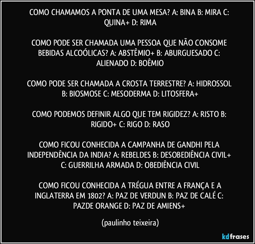 COMO CHAMAMOS A PONTA DE UMA MESA?  A: BINA  B: MIRA  C: QUINA+  D: RIMA

COMO PODE SER CHAMADA UMA PESSOA QUE NÃO CONSOME BEBIDAS ALCOÓLICAS?  A: ABSTÊMIO+  B: ABURGUESADO  C: ALIENADO  D: BOÊMIO

COMO PODE SER CHAMADA A CROSTA TERRESTRE?  A: HIDROSSOL  B: BIOSMOSE  C: MESODERMA  D: LITOSFERA+

COMO PODEMOS DEFINIR ALGO QUE TEM RIGIDEZ?  A: RISTO  B: RIGIDO+  C: RIGO  D: RASO

COMO FICOU CONHECIDA A CAMPANHA DE GANDHI PELA INDEPENDÊNCIA DA INDIA?  A: REBELDES  B: DESOBEDIÊNCIA CIVIL+  C: GUERRILHA ARMADA  D: OBEDIÊNCIA CIVIL

 COMO FICOU CONHECIDA A TRÉGUA ENTRE A FRANÇA E A INGLATERRA EM 1802?  A: PAZ DE VERDUN  B: PAZ DE CALÉ  C: PAZDE ORANGE  D: PAZ DE AMIENS+ (paulinho teixeira)