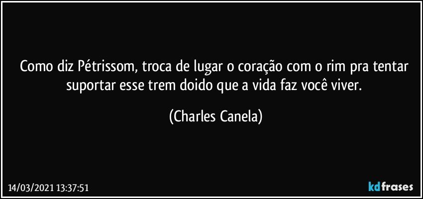 Como diz Pétrissom, troca de lugar o coração com o rim pra tentar suportar esse trem doido que a vida faz você viver. (Charles Canela)