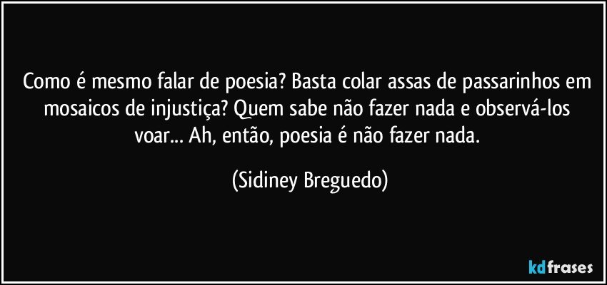 Como é mesmo falar de poesia? Basta colar assas de passarinhos em mosaicos de injustiça? Quem sabe não fazer nada e observá-los voar... Ah, então, poesia é não fazer nada. (Sidiney Breguedo)