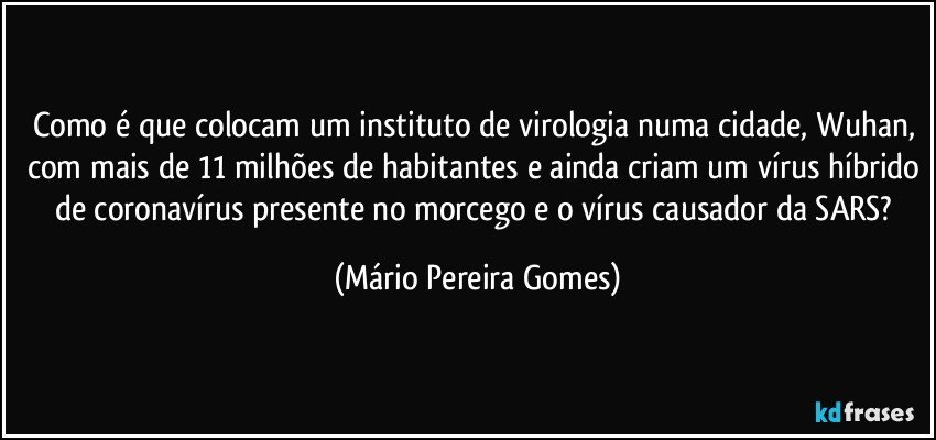 Como é que colocam um instituto de virologia numa cidade, Wuhan, com mais de 11 milhões de habitantes e ainda criam um vírus híbrido de coronavírus presente no morcego e o vírus causador da SARS? (Mário Pereira Gomes)