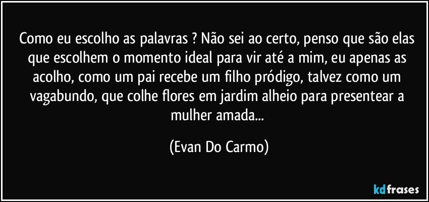 Como eu escolho as palavras ? Não sei ao certo, penso que são elas que escolhem o momento ideal para vir até a mim, eu apenas as acolho, como um pai recebe um filho pródigo, talvez como um vagabundo, que colhe flores em jardim alheio para presentear a mulher amada... (Evan Do Carmo)