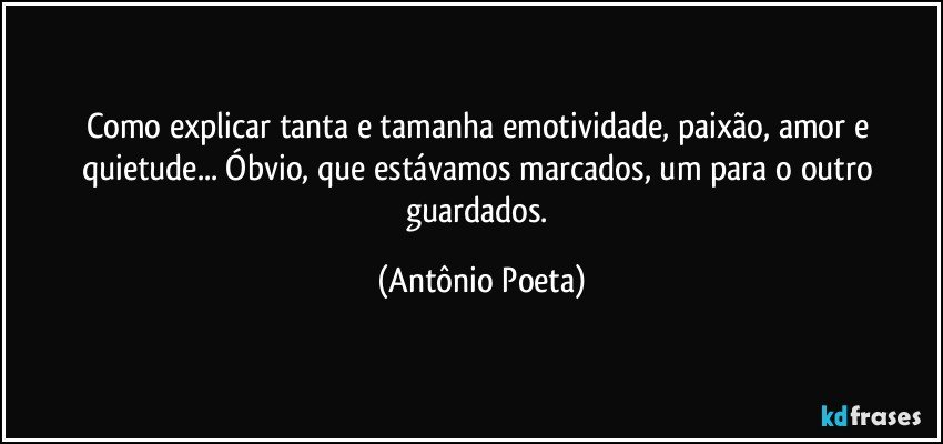 Como explicar tanta e tamanha emotividade, paixão, amor e quietude... Óbvio, que estávamos marcados, um para o outro guardados. (Antônio Poeta)