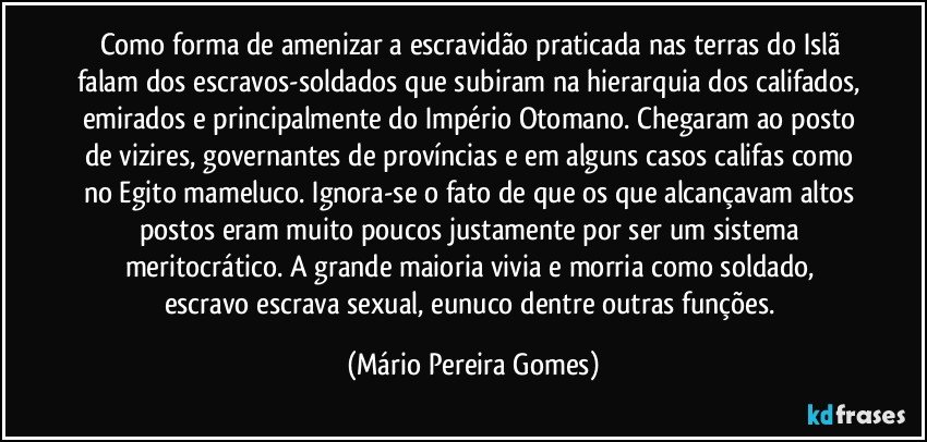 Como forma de amenizar a escravidão praticada nas terras do Islã falam dos escravos-soldados que subiram na hierarquia dos califados, emirados e principalmente do Império Otomano. Chegaram ao posto de vizires, governantes de províncias e em alguns casos califas como no Egito mameluco. Ignora-se o fato de que os que alcançavam altos postos eram muito poucos justamente por ser um sistema meritocrático. A grande maioria vivia e morria como soldado, escravo/escrava sexual, eunuco dentre outras funções. (Mário Pereira Gomes)