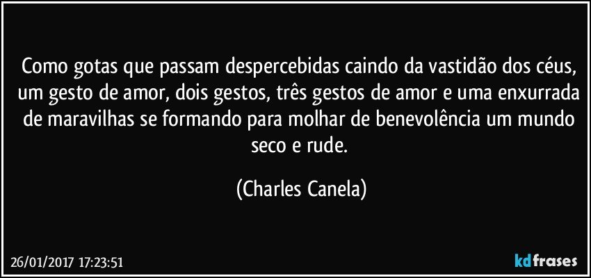 Como gotas que passam despercebidas caindo da vastidão dos céus, um gesto de amor, dois gestos, três gestos de amor e uma enxurrada de maravilhas se formando para molhar de benevolência um mundo seco e rude. (Charles Canela)