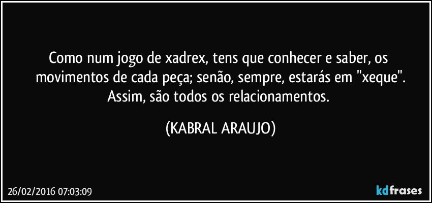 Como num jogo de xadrex, tens que conhecer e saber, os movimentos de cada peça; senão, sempre, estarás em "xeque".
Assim, são todos os relacionamentos. (KABRAL ARAUJO)