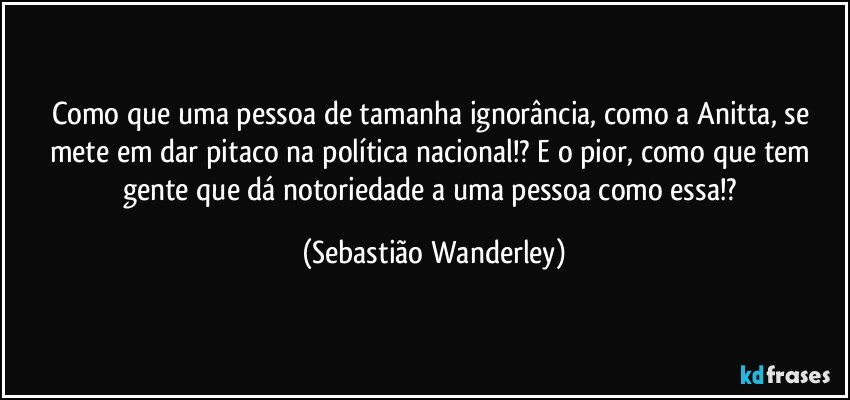 Como que uma pessoa de tamanha ignorância, como a Anitta, se mete em dar pitaco na política nacional!? E o pior, como que tem gente que dá notoriedade a uma pessoa como essa!? (Sebastião Wanderley)