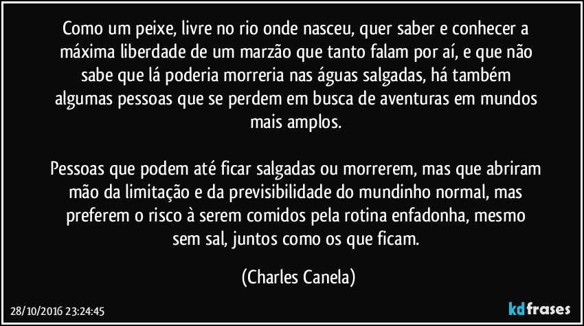 Como um peixe, livre no rio onde nasceu, quer saber e conhecer a máxima liberdade de um marzão que tanto falam por aí, e que não sabe que lá poderia morreria nas águas salgadas, há também algumas pessoas que se perdem em busca de aventuras em mundos mais amplos. 

Pessoas que podem até ficar salgadas ou morrerem, mas que abriram mão da limitação e da previsibilidade do mundinho normal, mas preferem o risco à serem comidos pela rotina enfadonha, mesmo sem sal, juntos como os que ficam. (Charles Canela)