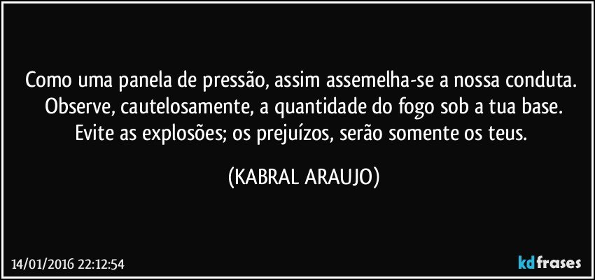 Como uma panela de pressão, assim assemelha-se a nossa conduta. Observe, cautelosamente, a quantidade do fogo sob a tua base.
Evite as explosões; os prejuízos, serão somente os teus. (KABRAL ARAUJO)