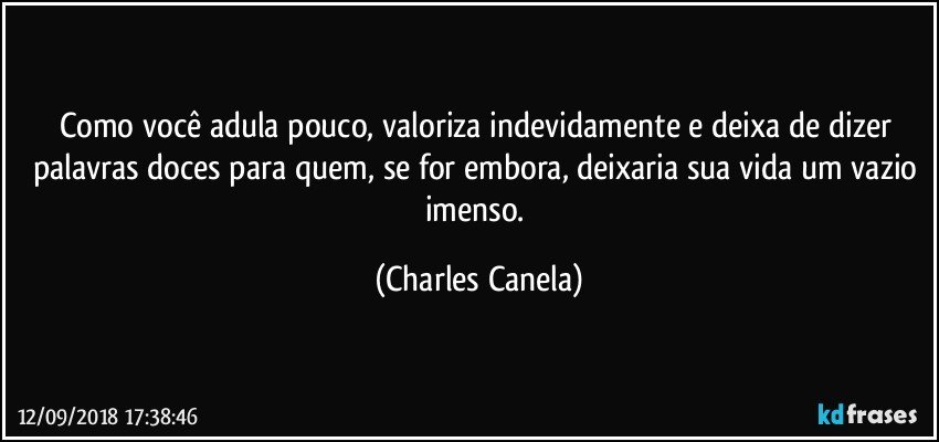 Como você adula pouco, valoriza indevidamente e deixa de dizer palavras doces para quem, se for embora, deixaria sua vida um vazio imenso. (Charles Canela)