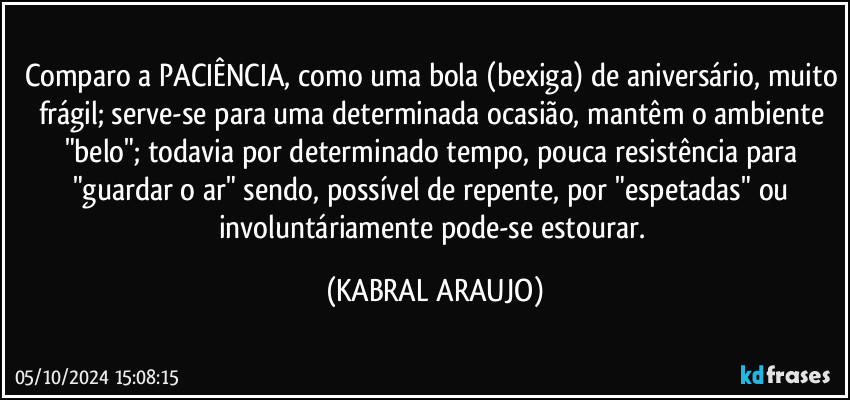 Comparo a PACIÊNCIA, como uma bola (bexiga) de aniversário, muito frágil; serve-se para uma determinada ocasião, mantêm o ambiente "belo"; todavia por determinado tempo, pouca resistência para "guardar o ar" sendo, possível de repente, por "espetadas" ou involuntáriamente pode-se estourar. (KABRAL ARAUJO)