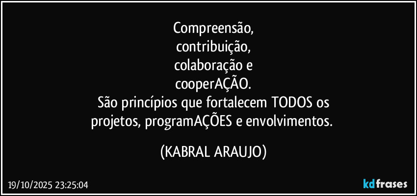 Compreensão,
contribuição,
colaboração e
cooperAÇÃO.
São princípios que fortalecem TODOS os
projetos, programAÇÕES e envolvimentos. (KABRAL ARAUJO)