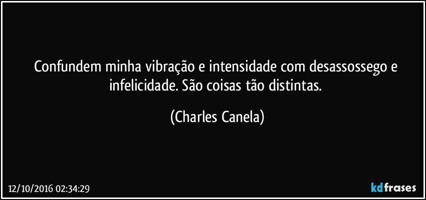 Confundem minha vibração e intensidade com desassossego e infelicidade.  São coisas tão distintas. (Charles Canela)