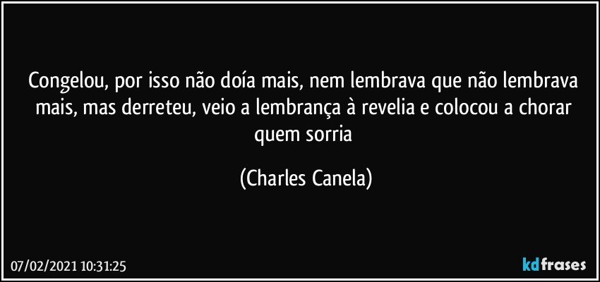 Congelou, por isso não doía mais, nem lembrava que não lembrava mais, mas derreteu, veio a lembrança à revelia e colocou a chorar quem sorria (Charles Canela)