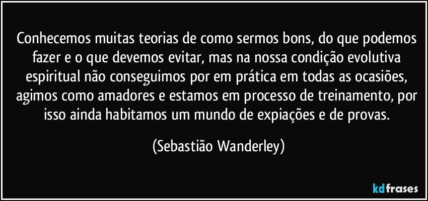 Conhecemos muitas teorias de como sermos bons, do que podemos fazer e o que devemos evitar, mas na nossa condição evolutiva espiritual não conseguimos por em prática em todas as ocasiões, agimos como amadores e estamos em processo de treinamento, por isso ainda habitamos um mundo de expiações e de provas. (Sebastião Wanderley)