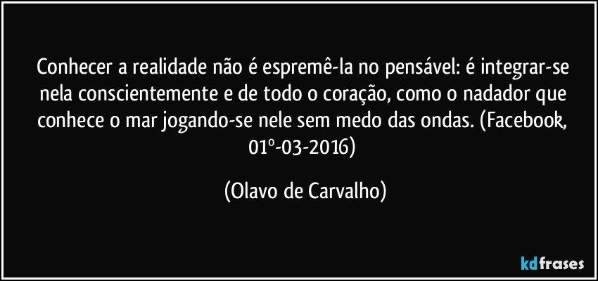 Conhecer a realidade não é espremê-la no pensável: é integrar-se nela conscientemente e de todo o coração, como o nadador que conhece o mar jogando-se nele sem medo das ondas. (Facebook, 01º-03-2016) (Olavo de Carvalho)